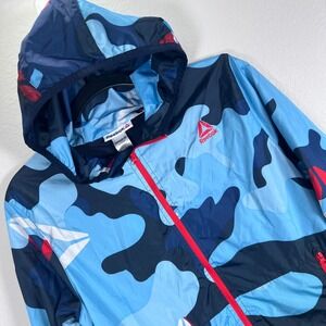 Reebok Windbreaker Jacket Camo Print Full Zip Hooded Lightweight Kids‎ XL 14/16